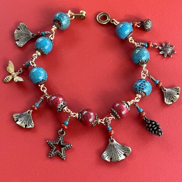 Boho Bracelet, Ceramic Beads, Nature Charms, Handmade Whimsical Jewelry - Picture 1 of 10